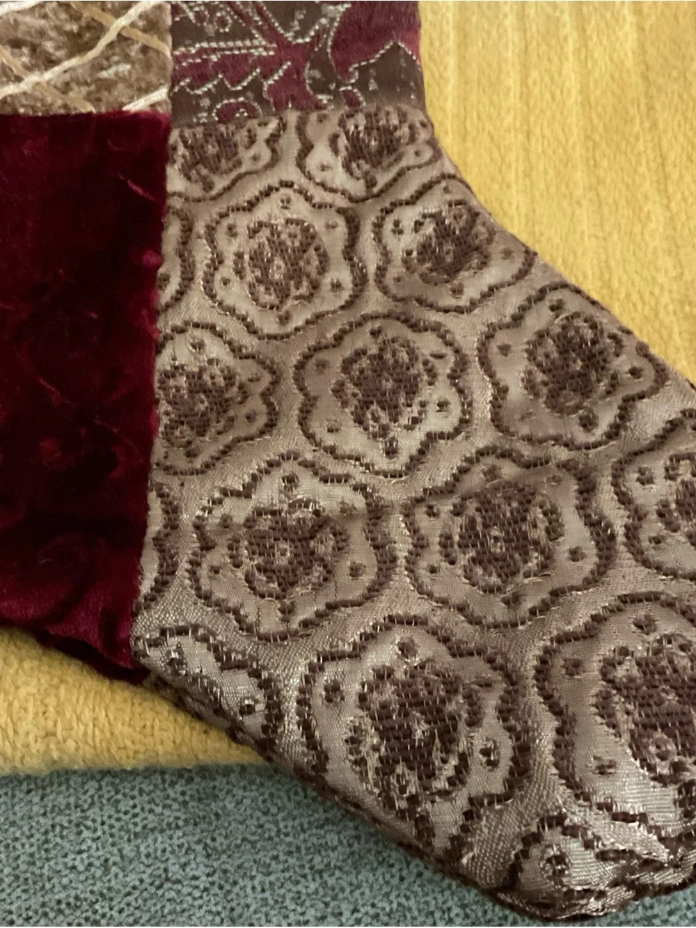 Christmas Stocking Patchwork Jacquard Velvet Cuff Tassel Burgundy Gold 20
